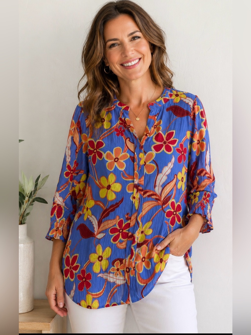 Easel Los Angeles 🌺 Floral Crinkle Blouse Top Boho Tunic Sz L (runs Small)